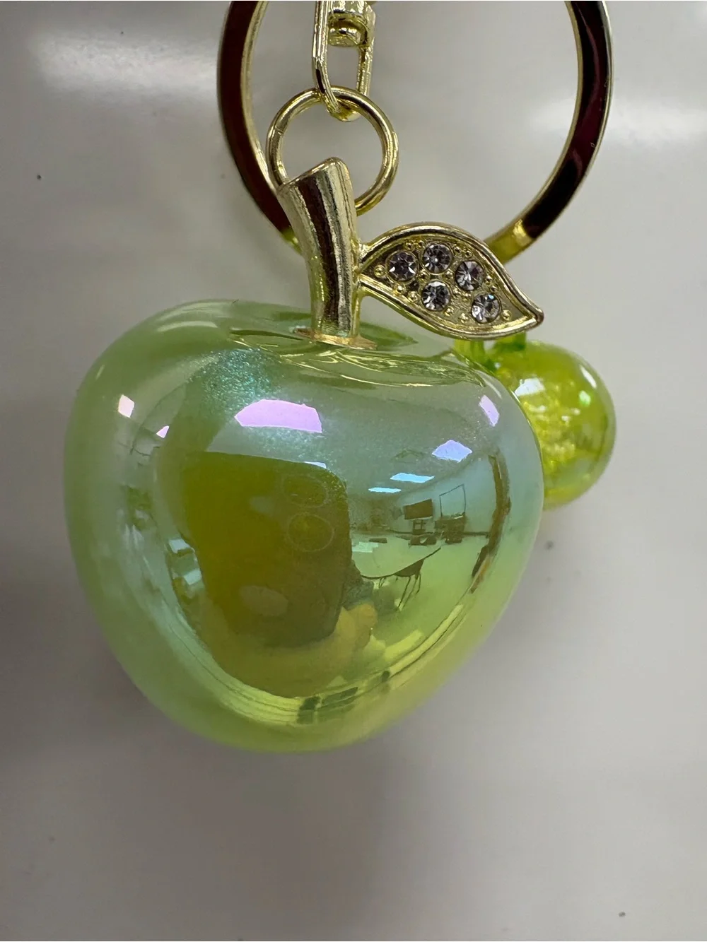 NWOT Iridescent Lime Green Glass Apple Keychain Charm Gold Rhinestone Leaf Cute